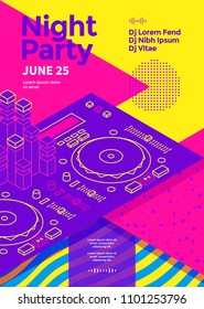 Dance Night Party Poster With Dj Console. 80s Disco Show Flyer Template. Vector Illustration