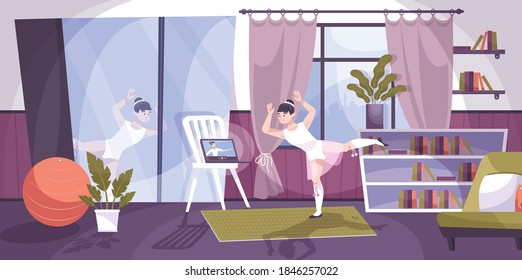 Composición plana en línea de danza con interior privado de apartamento y bailarina de ballet con laptop en silla ilustración vectorial