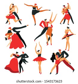 Dance pair, men and women dancing tango, salsa or ballet, isolated pairs vector. Male and female characters performing ballroom or Latin American dances. Dancers or partners at contest or tournament