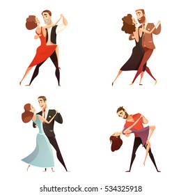 Dance pair retro cartoon set of men and women dancing together in classic repertoire flat vector illustration