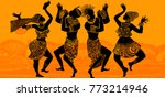 
Dance of the Papuans. Dancing African people. Silhouettes of African women and men with musical instruments.