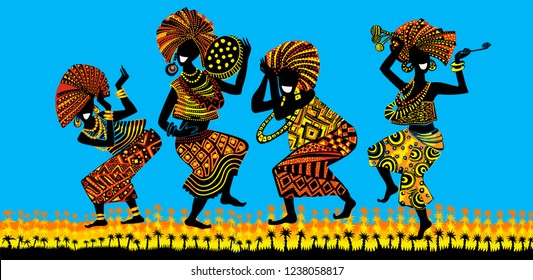 Dance of the Papuans. Dancing African people. Silhouettes of African women and men with musical instruments.