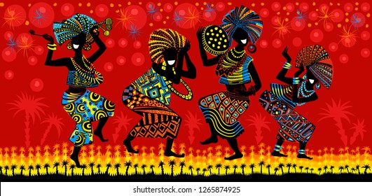 Dance of the Papuans. Dancing African people. Silhouettes of African women and men with musical instruments. - Векторная графика