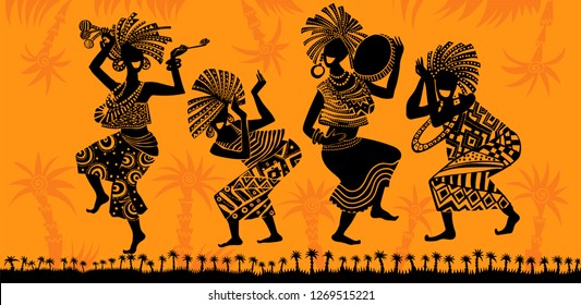 Dance of the Papuans. Dancing African people. Silhouettes of African women and men with musical instruments. - Векторная графика
