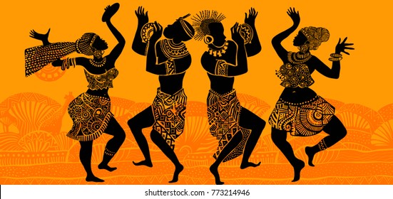 
Dance of the Papuans. Dancing African people. Silhouettes of African women and men with musical instruments.