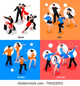 Dance with partner design concept with isometric people during salsa, jive, rumba, cha-cha isolated vector illustration