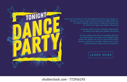 Dance Party 90s Influenced Typographic Web Banner Design With Hand Drawn Line Art Cartoon Style Elements And Vivid Bright Colors. Vector Graphic.
