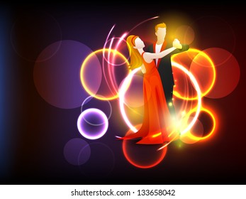Dance party background with couple dancing on shiny background.