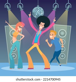 Dance party background. funny characters dancing on party stage. Vector cartoon people