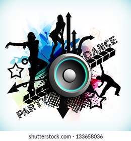 Dance party background with silhouette of dancing peoples and loud speakers background.