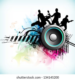 Dance party background with silhouette of rock band and loud speakers background.