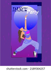 Dance party background  template for poster, flyer, banner, advertising, invitation etc. Dancing girl with modern decorative background in trendy blue and violet colors. Vector art illustration.