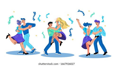 Cartel de la fiesta de baile con personajes bailarines, ilustración vectorial al estilo moderno de dibujos animados planos aislados. Club o clases de baile, plantilla de noche de música retro.