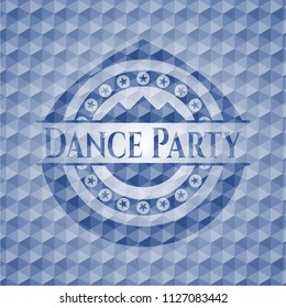 Dance Party blue emblem with geometric pattern background.