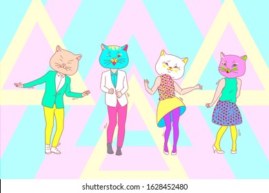 Dance, party, cat mask, team concept. People dancing together in cat maque on costume party. Friends entertain in cat thematic unusual masked show. Company charade corporative. Simple flat vector.