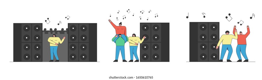 Dance Party concept. People Are Having Fun And Dancing At Disco Music Club. Notes And Big Speakers On the Background. Set Of Cartoon Outline Linear Flat Vector illustration.