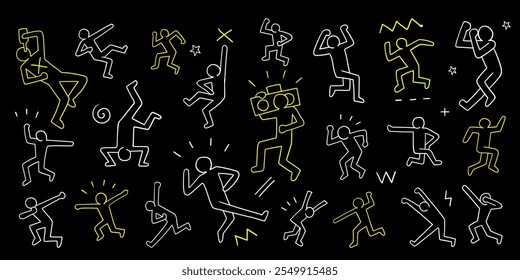 Dance party dancing people characters doodles vector background