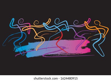 Dance party in the evening, modern dance group.
Expressive, abstract stylized illustration of dancing people on black background. Vector available.