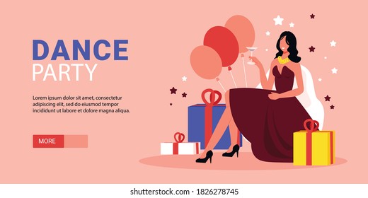 Dance party flat horizontal web banner with holding cocktail glass young woman amidst balloons presents vector illustration