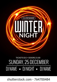Dance party flyer, dj battle poster design. Winter night disco party. Music event flyer or banner illustration template.