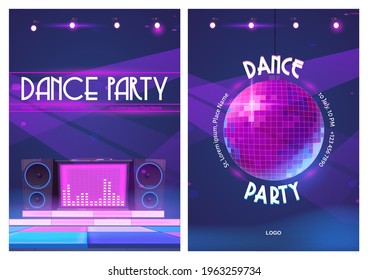 Dance party flyers with disco ball and dj music console. Posters of night club event with discotheque. Vector cartoon illustration of sound speakers and dance floor in pink neon light