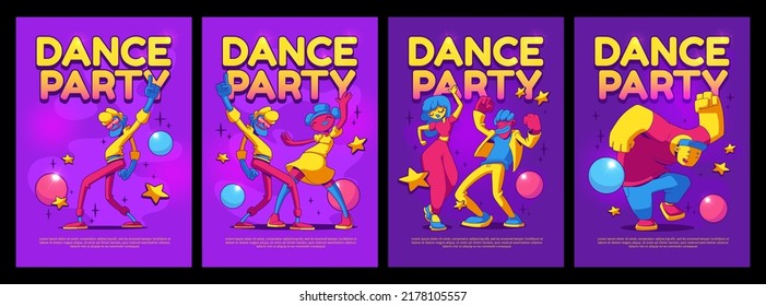 Dance party flyers with happy dancing contemporary characters. Invitation ads cards for night club promo with cute cartoon people fun during festival or music battle event trendy Vector posters design