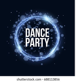 Dance party. Glowing neon magical banner made of neon strips of purple dust. Bright violet flash. Glare bokeh and abstract purple lights . Festive brochure. Vector illustration