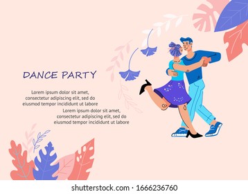 Dance party invitation card or banner with couple dancing, vector illustration in trendy flat cartoon style isolated. Dancing club or classes poster template.