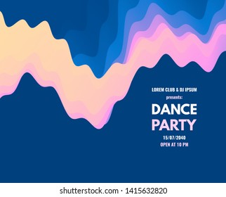 Invitación de fiesta de baile con detalles de fecha y hora. Volante o cartel de un evento musical. Fondo ondulado 3D con efecto dinámico. Ilustración vectorial.