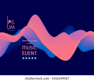 Dance party invitation with date and time details. Music event flyer or banner. 3D wavy background with dynamic effect. Vector illustration. 