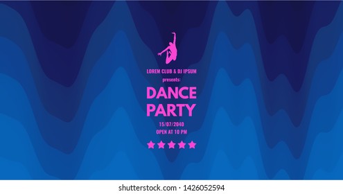 Dance party invitation with date and time details. Theatre blue curtain. Music event flyer or banner. 3D wavy background with dynamic effect. Vector illustration. 