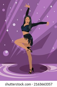 Dance party invitation, poster or flyer template. Beautiful Latina dancer girl on purple violet decorative background. Vector cartoon style illustration.