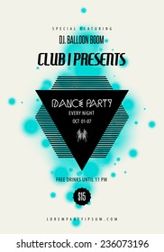 Dance party music poster template. Text instructions included hidden layer. Vector abstract background suitable for banner, flyer, card, cover, brochure, wallpaper and web design.