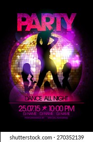 Dance party poster with go-go dancers girls silhouette and disco ball.