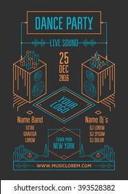 Dance party poster. Isometric line illustration. Music concert. Vector