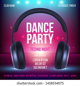 Dance party poster. Placard invitation music club headset realistic illustration with place for text. Music party disco, invitation to, night club, flyer poster, banner