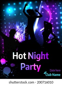 Dance party poster template with dancing crowd on shattered note abstract background