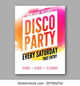 Dance Party Poster Template. Night Dance Party flyer.  Club party design template on dark colorful background. Dance party watercolor background