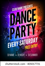 Dance Party Poster Template. Night Dance Party flyer. Club poster design template on dark colorful background. Club free entry.