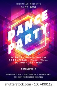 Dance party poster vector background template with particles, lines, highlight and modern geometric shapes in pink and blue colors. Music event flyer or banner abstract