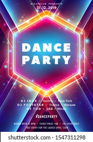 Dance party poster vector background template with particles, lines, highlight and modern geometric shapes in pink and blue colors. Music event flyer, banner abstract. Party poster with hexagon frame