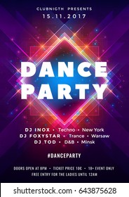 Dance Party Poster Vector Background Template With Particles, Lines, Highlight And Modern Geometric Shapes In Pink And Blue Colors. Music Event Flyer Or Banner
Abstract