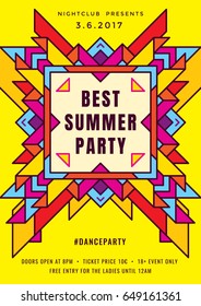 Dance party poster vector background template with geometric shape similar to a butterfly in bright and colorful colors. Music event flyer or banner abstract background