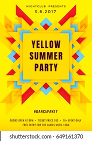 Dance party poster vector background template with 3d geometric shape similar to a butterfly in yellow, red and blue colors. Music event flyer or banner abstract background