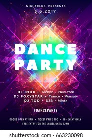 Dance party poster vector background template with particles, plexus lines, highlight and modern geometric shapes in pink and blue colors. Music event flyer or banner abstract