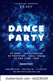 Dance party poster vector background template with particles, plexus lines, highlight and modern geometric shapes in pink and blue colors. Music event flyer or banner abstract