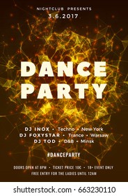 Dance party poster vector background template with particles, plexus lines, highlight and modern geometric shapes in yellow and gold colors. Music event flyer or banner abstract