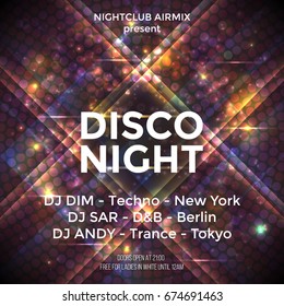 Dance party poster vector background template with particles, highlight and modern geometric shapes in pink and blue colors. Music event flyer or banner abstract. Vector illustration