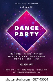 Dance party poster vector background template with particles, stars, lines, highlight and modern geometric shape. Music event flyer or banner abstract. Poster in the style of posters of retrofuturism