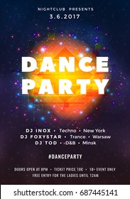 Dance party poster vector background template with particles, stars, lines, highlight and modern geometric shapes. Music event flyer or banner abstract. Poster in the style of posters of retrofuturism